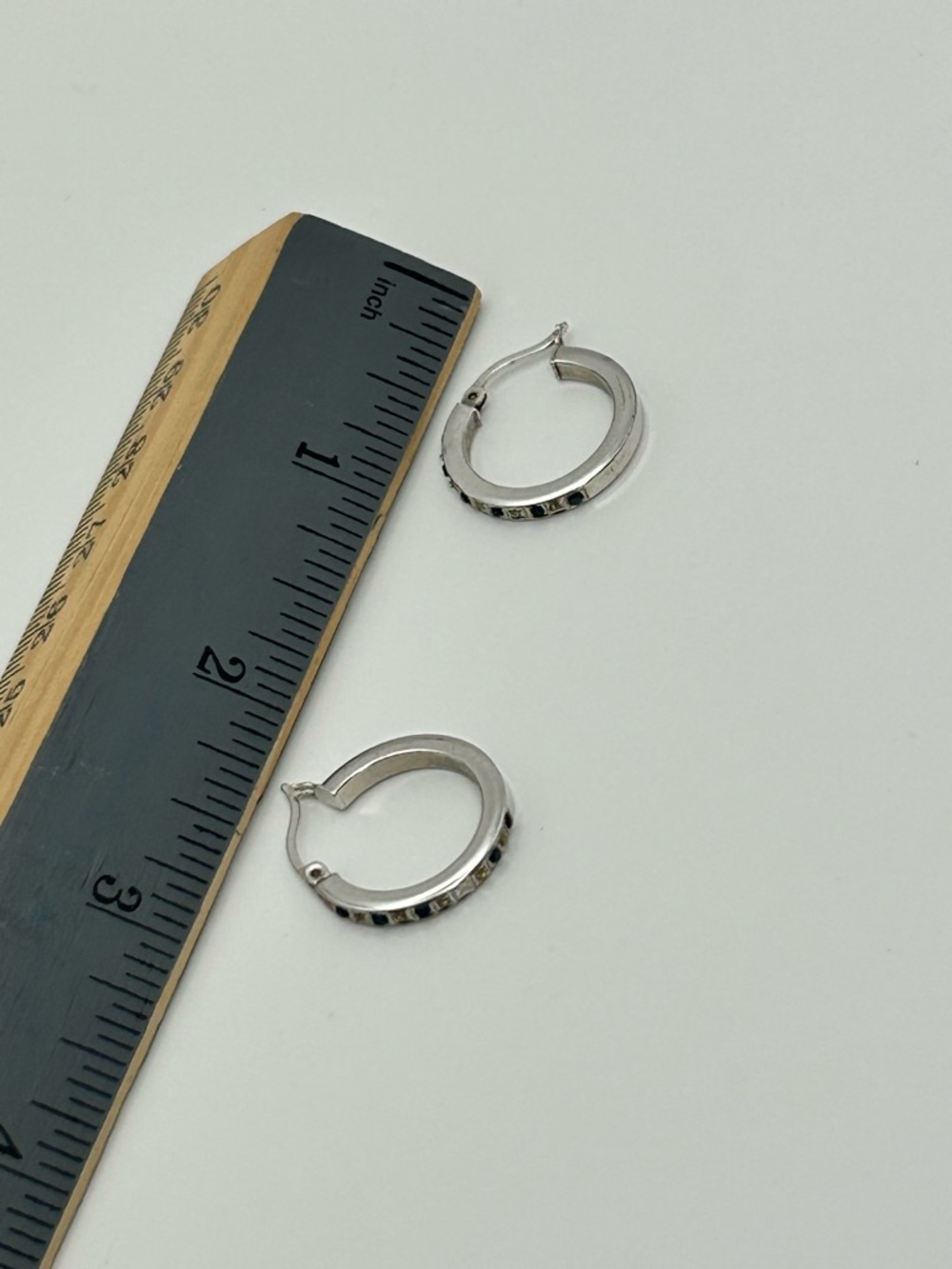 Sterling Silver Hoop Earrings Blue & Clear Crystals 1" Stamped 925 SLC - Picture 10 of 10